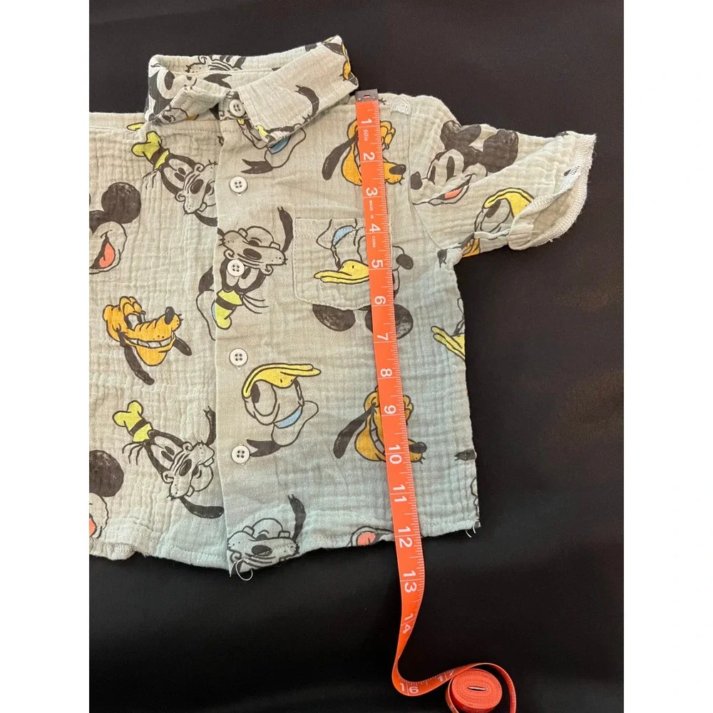 Disney Mickey and Friends Gauze Button Down Shirt Kids 12M Green Short Sleeve